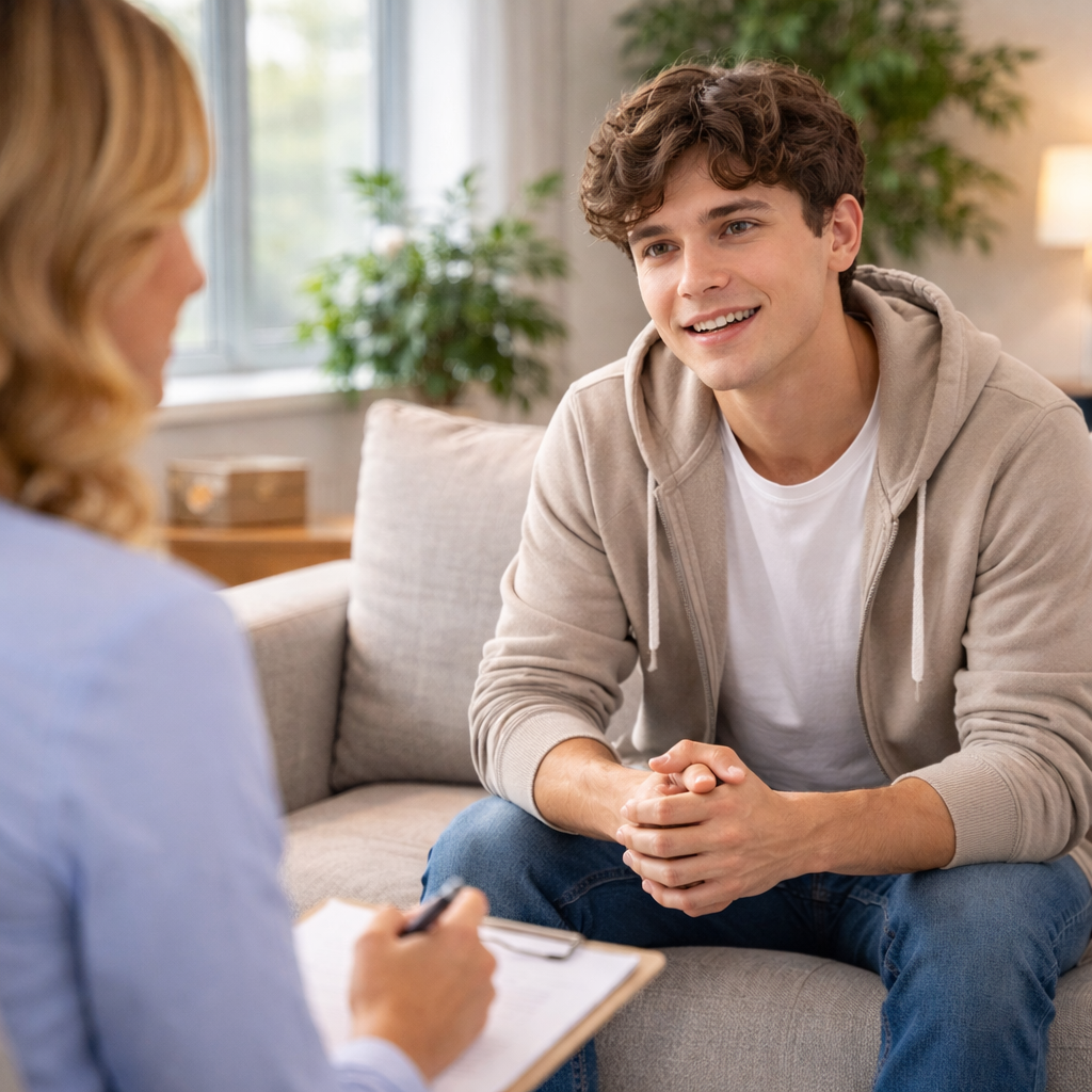 College student receiving addiction counseling while continuing education