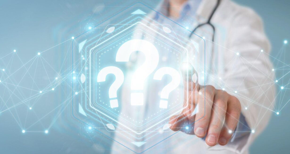 Doctor using digital question marks interface 3d rendering